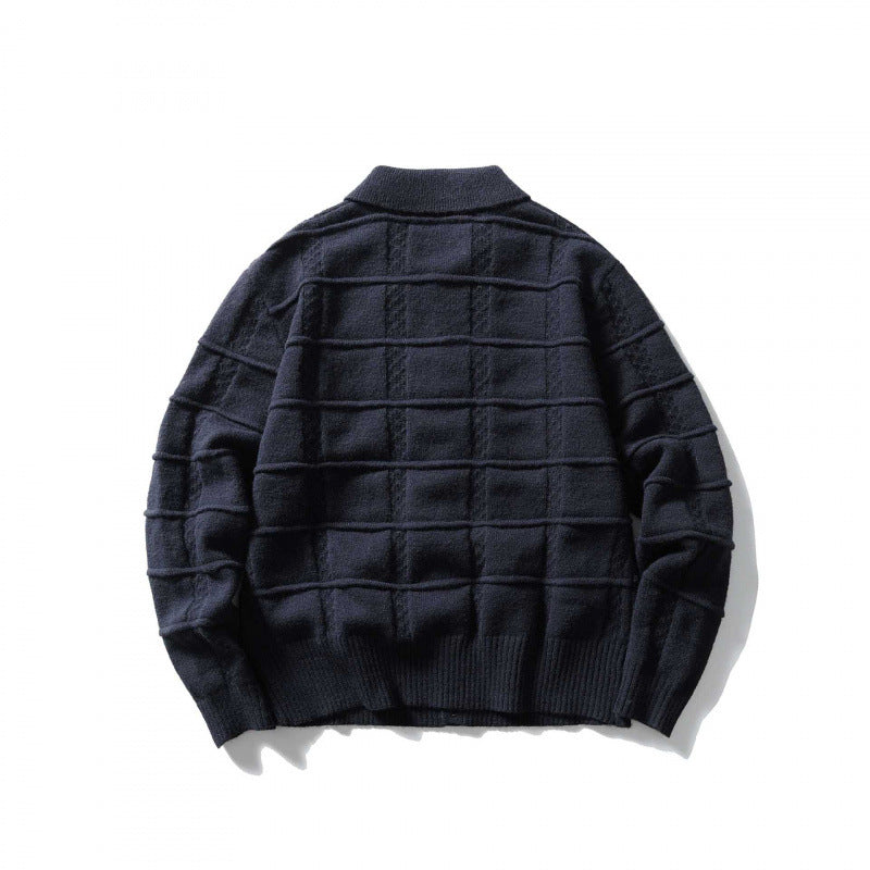 Unisex Kastenförmige Strickjacke mit Hemdkragen und strukturierter Karoprägung Echo Archiv