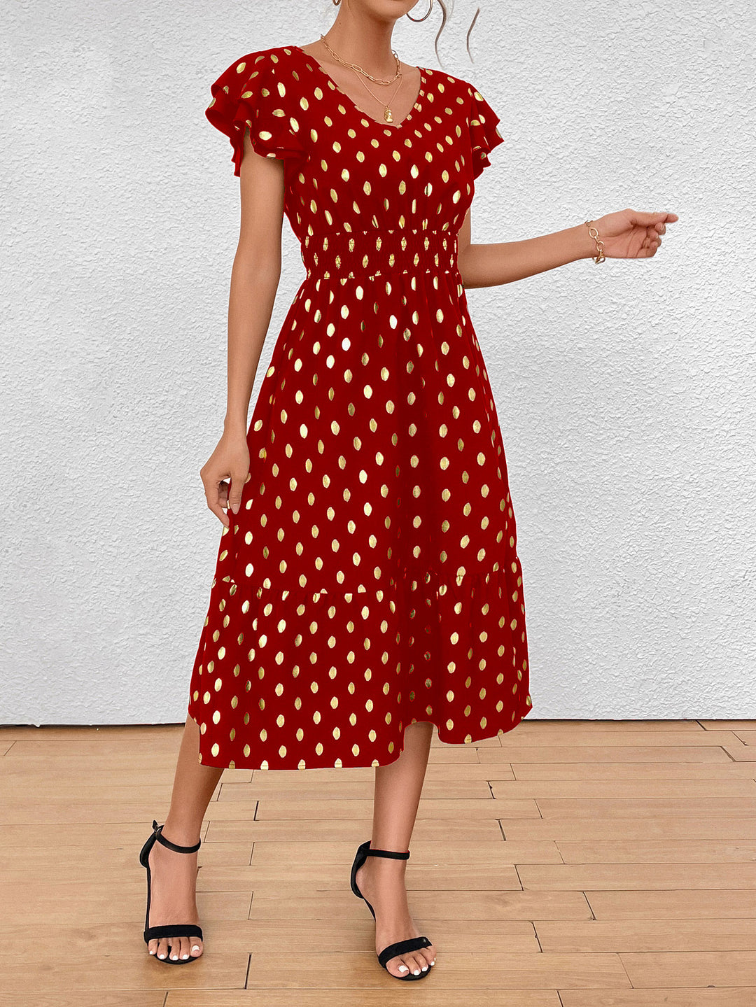 Damen Maxikleid mit Rüschendetails und schimmerndem Punktmuster Echo Archiv