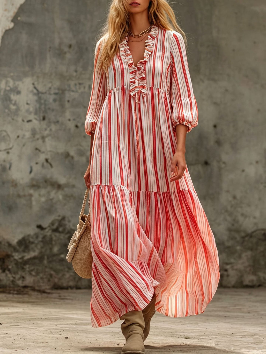 Damen Maxikleid mit Rüschen-V-Ausschnitt und Ballonärmeln Echoarchiv