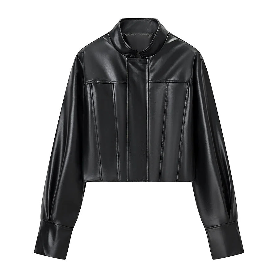 Damen kurze vegane Lederjacke im Cropped‑Korsettstil mit Stehkragen – Velloura
