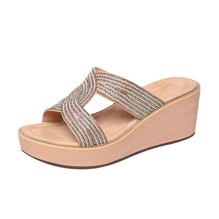 Damen nan glamouröse Plateau-Slipper mit überkreuzten Strassbändern und ergonomischem Komfortfußbett Echo Archiv