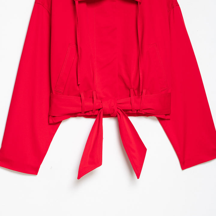 Damen Cropped Übergangsjacke mit Tunnelzugtaillierung, weitem Hemdkragen und Bindegürtel Echoarchiv
