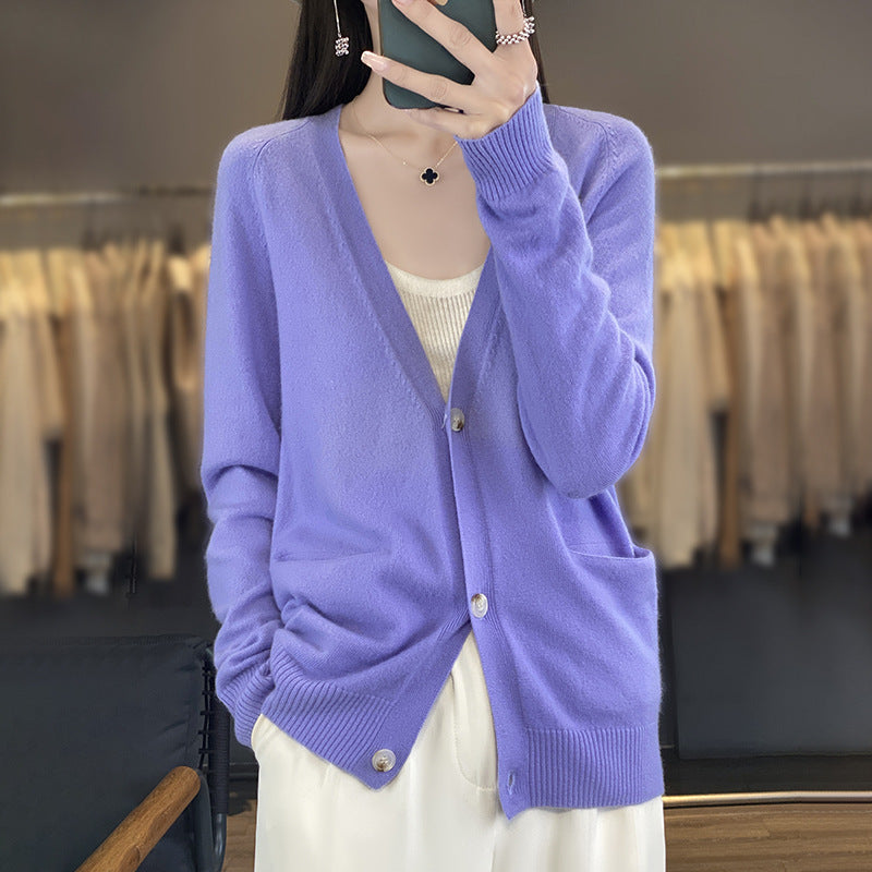 Damen Lässiger Feinstrick-Cardigan mit V‑Ausschnitt, Eingrifftaschen und breitem Rippbund Echoarchiv