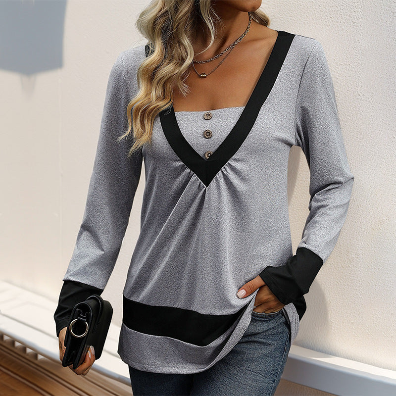 Damen Longsleeve mit tiefem V-Ausschnitt, Zierknopfleiste und Kontrastbordüren Echoarchiv