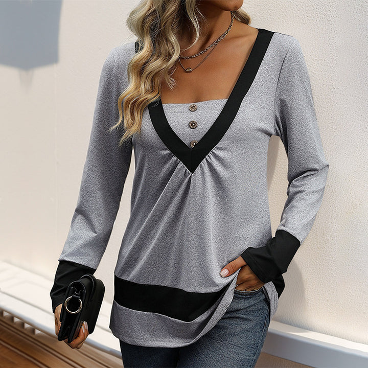 Damen Longsleeve mit tiefem V-Ausschnitt, Zierknopfleiste und Kontrastbordüren Echoarchiv