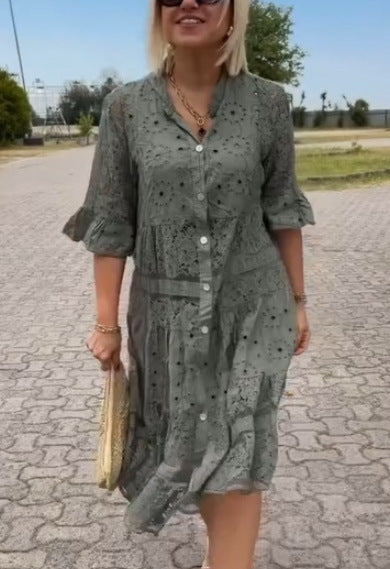 Damen nan Hemdblusen-Midikleid mit Spitzen-Einsätzen, Stufenrock und durchgehender Knopfleiste Echo Archiv
