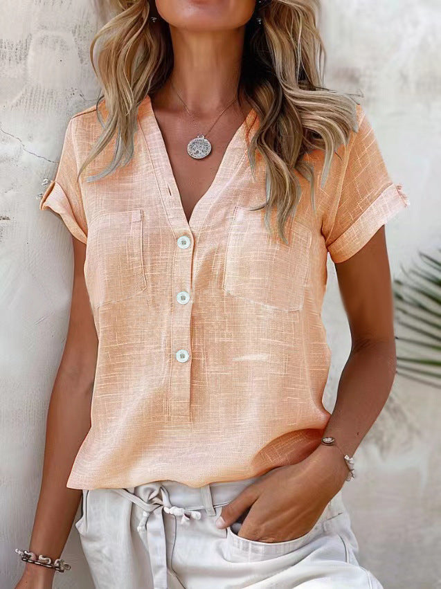 Damen Kurzarm Leinenbluse mit Knopfdetails Echoarchiv