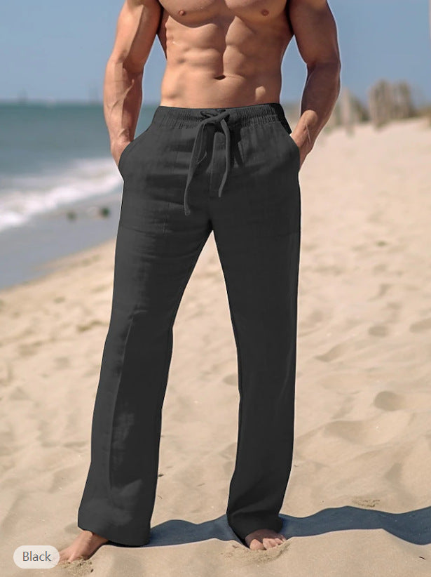 Herren weite Resort-Freizeithose im Palazzo-Stil aus Leinenmix mit Tunnelzug und seitlichen Eingrifftaschen – Sorevano