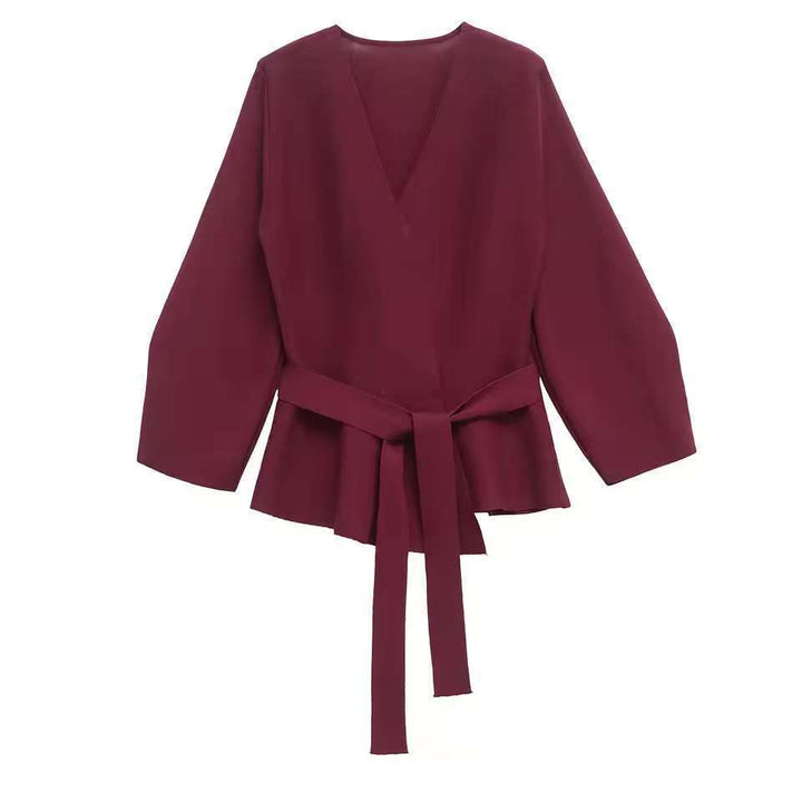 Damen Taillierte Bluse mit Wickelgürtel und Schößchen – Élovi
