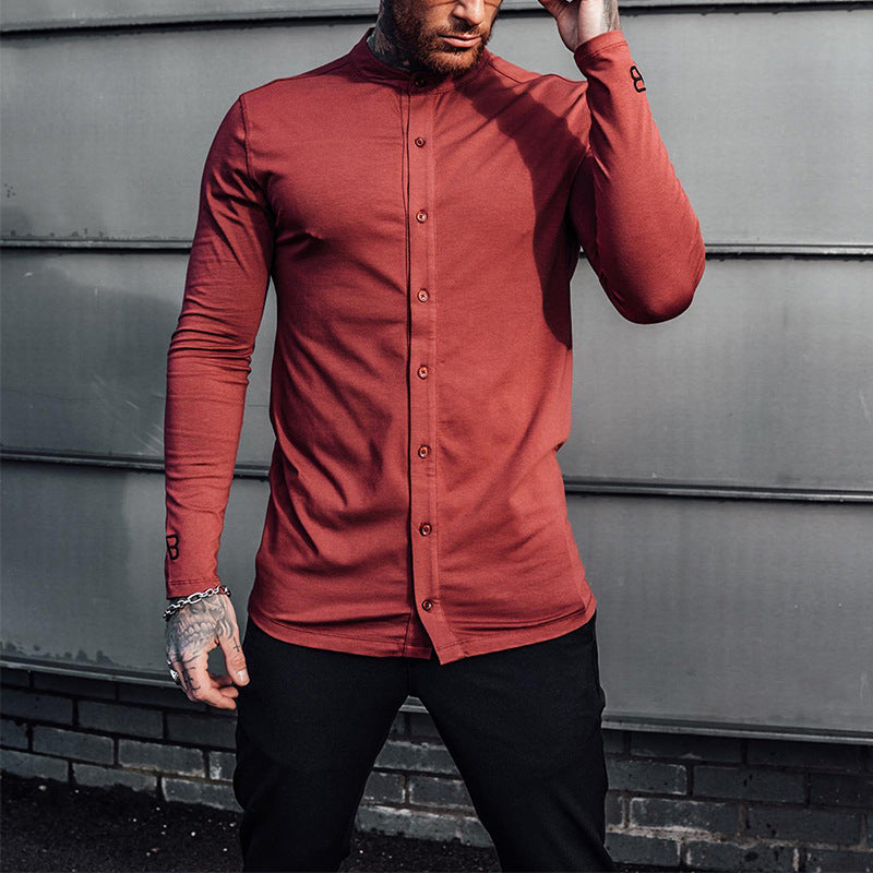 Herren Slim-Fit Langarmshirt mit Stehkragen und Knopfdetails Echoarchiv