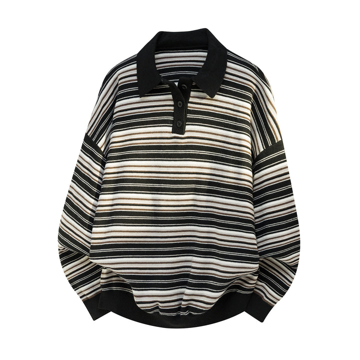 Unisex Oversize Strick-Poloshirt im Retro-Streifen-Muster mit Rippkragen und Drop-Shoulder Echo Archiv