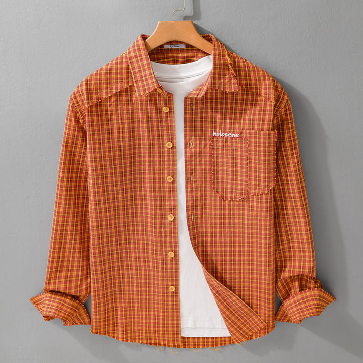 Herren Karo-Overshirt mit fransigem Saum, Brusttasche und Relaxed-Fit Echoarchiv