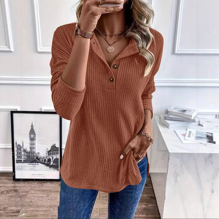 Damen Gerippter Longsleeve-Pullover mit Henley-Kragen und lässiger Tunika-Passform Echoarchiv