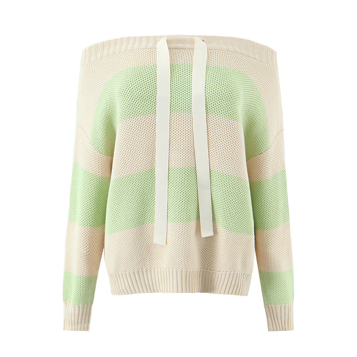 Damen Oversized Off-Shoulder-Pullover mit Carmenkragen, Waffelstrick und Zierbändern Echo Archiv
