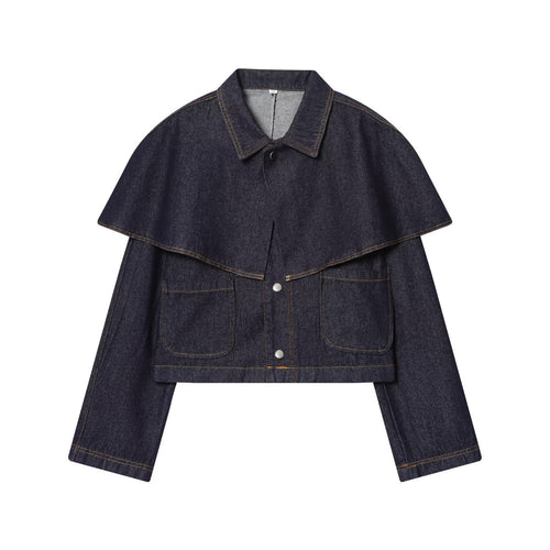 Damen Kurze Jeansjacke mit Cape‑Einsatz, Pattentaschen und Druckknöpfen Echo Archiv