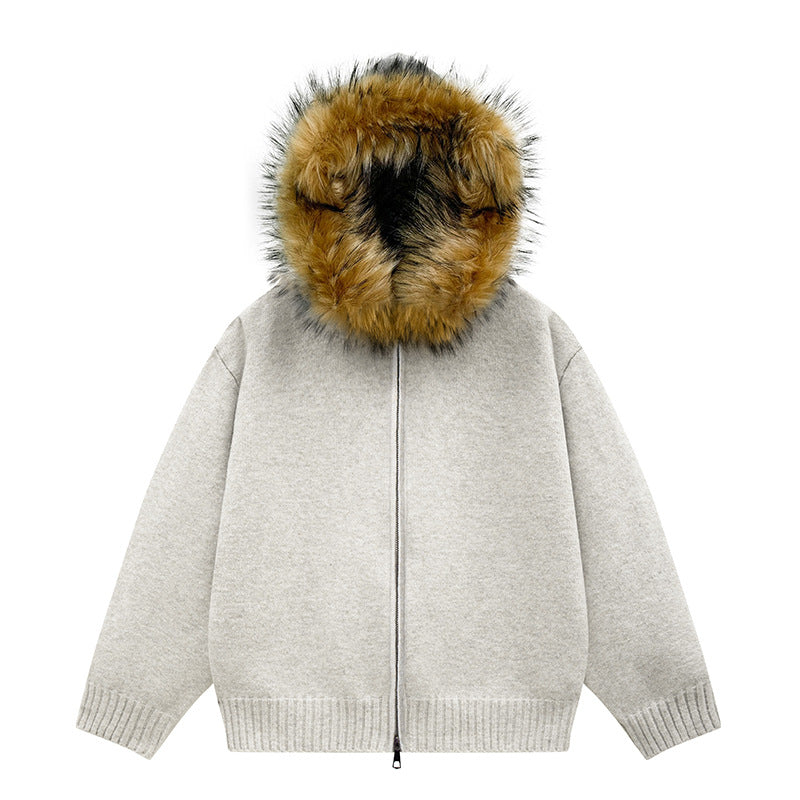 Damen Strick-Bomberjacke mit Kapuze und abnehmbarem Kunstfellbesatz Echoarchiv