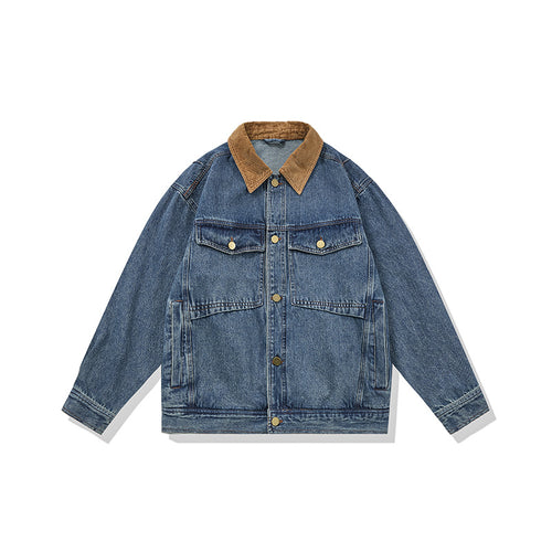 Herren Boxy Denim‑Blousonjacke mit Cordkragen und Multifunktionspattentaschen Echoarchiv