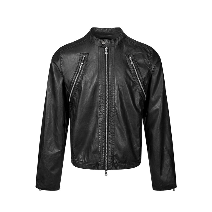 Herren Vintage-inspirierte Bikerblouson-Lederjacke mit Stehkragen und Zweiwege-Reißverschluss Echoarchiv