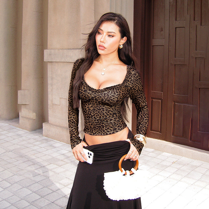 Damen elegantes Leopardenmuster Langarmoberteil Echo Archiv