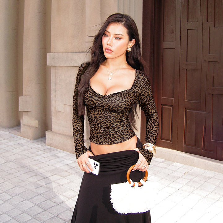 Damen elegantes Leopardenmuster Langarmoberteil Echo Archiv