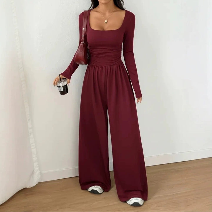 Damen Jumpsuit mit weitem Bein, eckigem Ausschnitt und geraffter Taillenpartie Echoarchiv