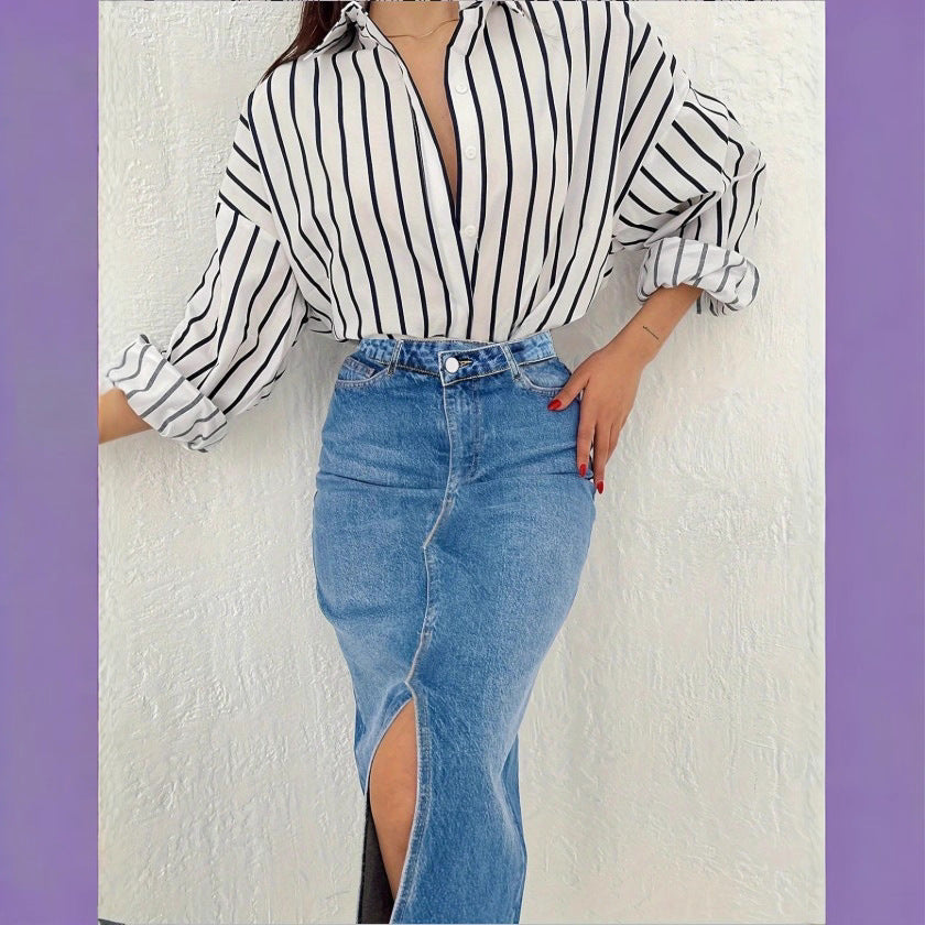 Damen Retro-inspirierter High-Waist Denim-Midirock mit zentralem Frontschlitz und figurbetonter Silhouette Echo Archiv