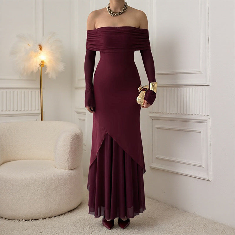 Damen elegantes schulterfreies Maxikleid mit raffiniertem Rüschenoberteil und asymmetrischem Saum Echo Archiv