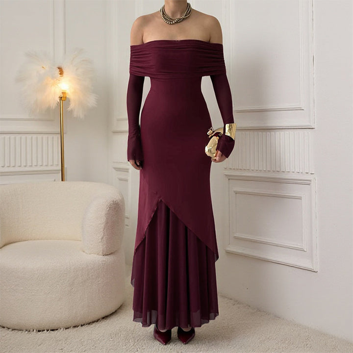 Damen elegantes schulterfreies Maxikleid mit raffiniertem Rüschenoberteil und asymmetrischem Saum Echo Archiv