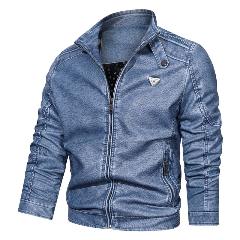 Herren Kunstleder-Bomberjacke im Denim‑Look mit Stehkragen und gerafften Ärmeln – Brevano