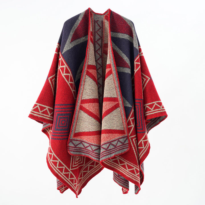 Damen Geometrischer Wollmix-Überwurfponcho mit Kettelkante Echo Archiv