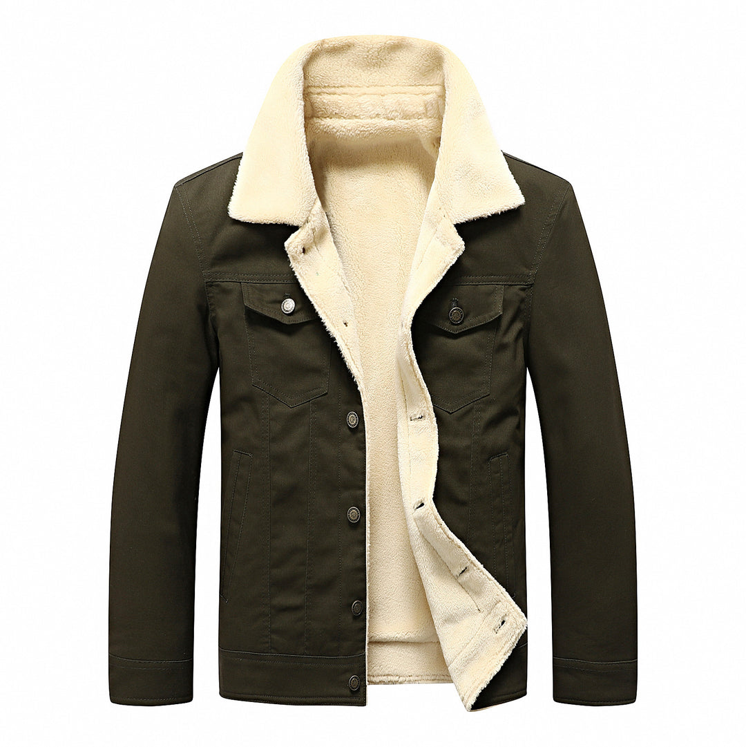 Herren Gefütterte Sherpa‑Truckerjacke mit Kunstfellkragen und Pattentaschen – Taviero