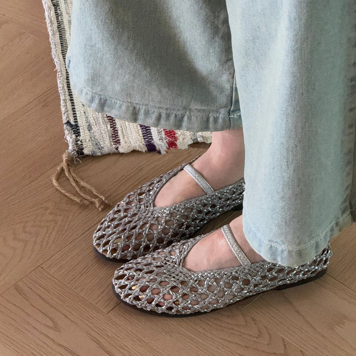 Damen Ballerina-Sandalen mit filigranem Netzdesign und elastischem Riemen Echoarchiv