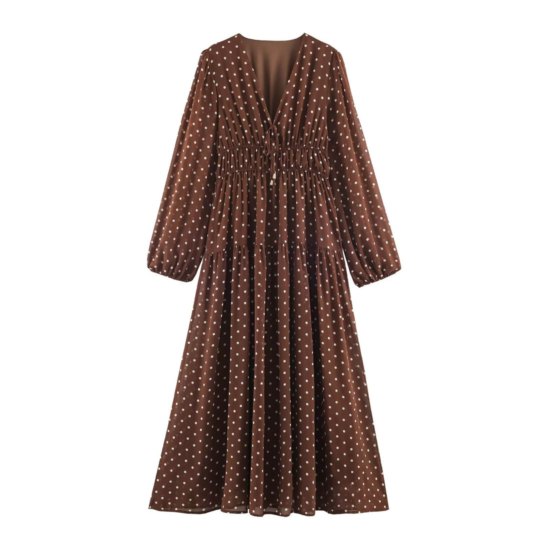 Damen Luftiges Chiffon-Midikleid mit tiefem V-Ausschnitt, geraffter Smock-Taille und Volantstufen Echo Archiv