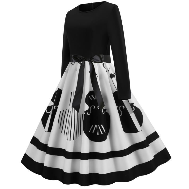 Damen Swing-Kleid im Retro-Stil mit instrumentalem Print, tailliertem Oberteil und voluminösem Tellerrock – Élara