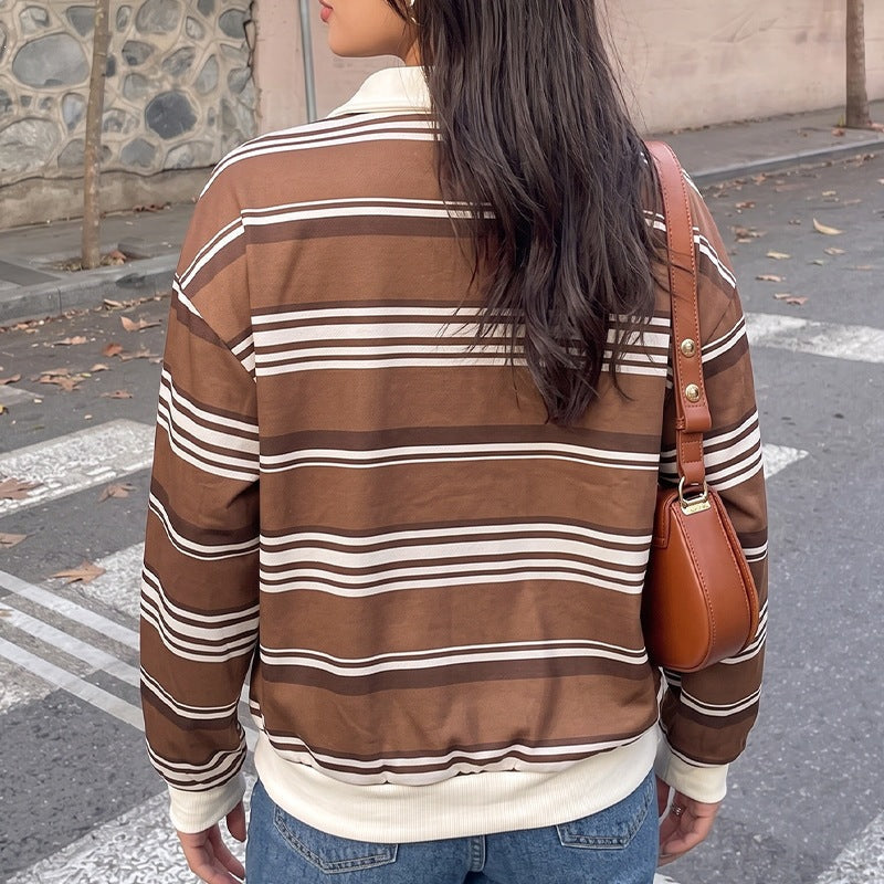Damen Gestreifter Rugby-Pullover mit Polokragen und Oversize-Passform Echoarchiv