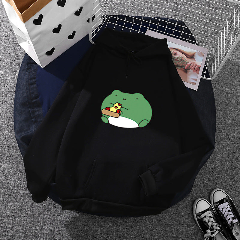 Damen gemütlicher Kapuzenpullover mit kawaii Frosch‑Pizza‑Motiv und oversized Relax‑Fit – Auréline