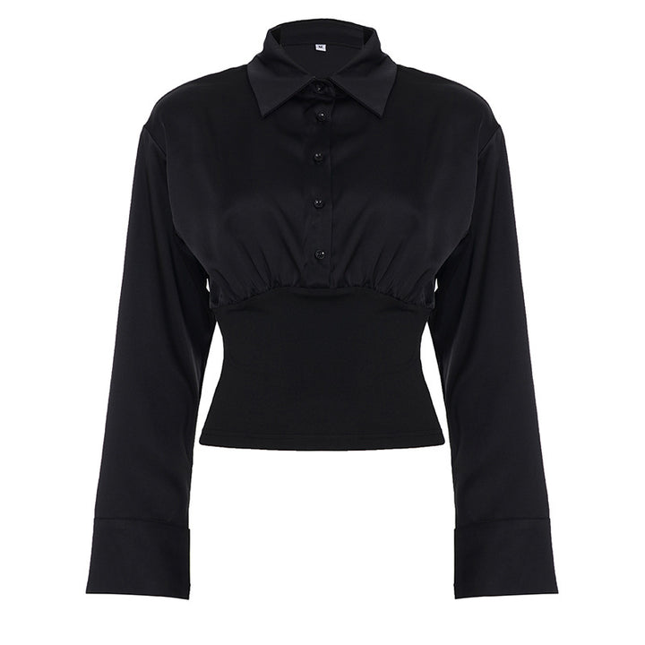 Damen nan taillierte Cropped-Bluse mit Hemdkragen und breitem Stretchbund Echo Archiv