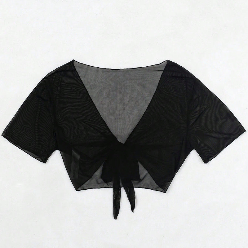 Damen Transparente Crop-Top Bluse mit Knotendetail Echo Archiv