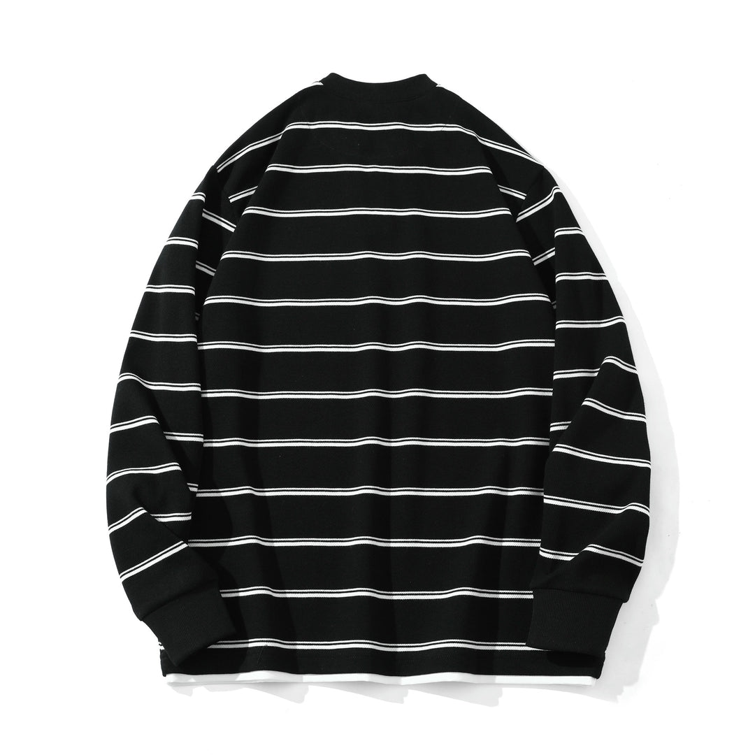 Unisex Gestreiftes Langarm-Sweatshirt mit V-Notch und Waffelstruktur Echoarchiv