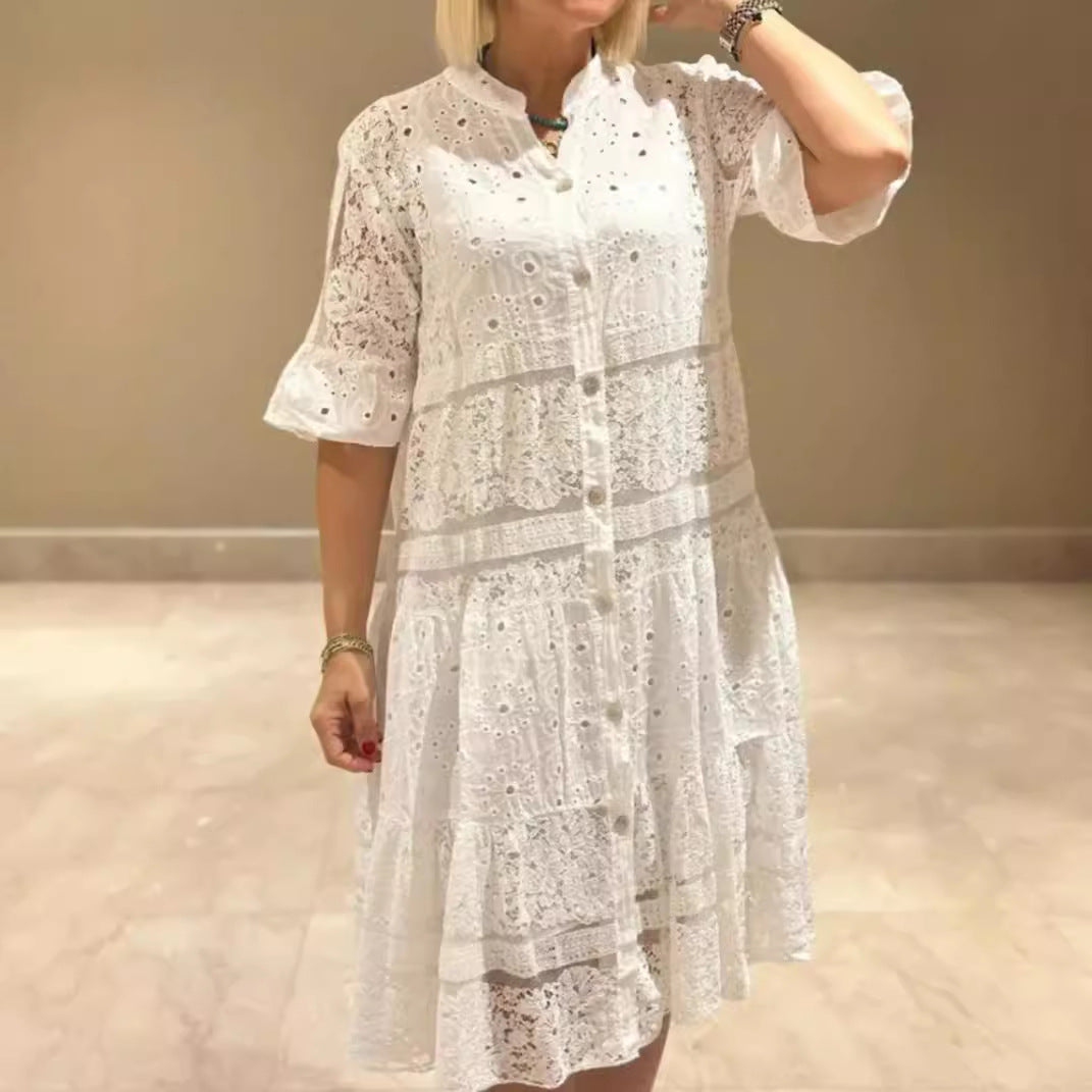Damen nan Hemdblusen-Midikleid mit Spitzen-Einsätzen, Stufenrock und durchgehender Knopfleiste Echo Archiv
