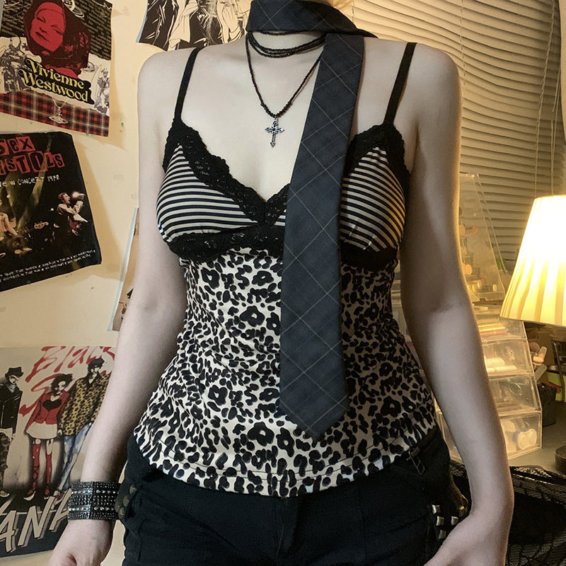 Damen Spaghetti-Trägertop mit elegantem Spitzenbesatz und modernem Leopardenmuster Echo Archiv