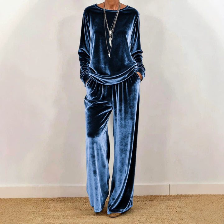 Damen Samt-Loungewear-Set mit weitem Bein, elastischem Bund und Rundhalsausschnitt – Élanora