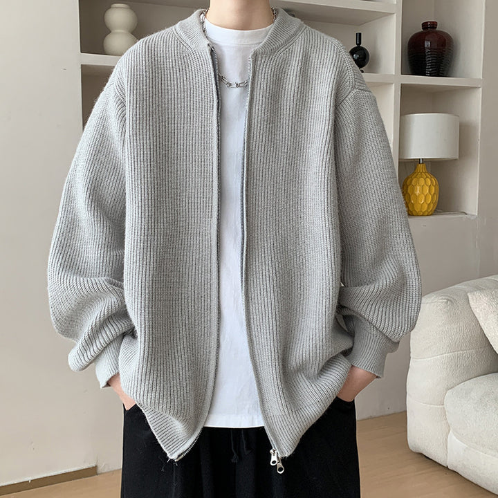 Unisex Oversize-Rippstrick-Cardigan mit Zwei-Wege-Reißverschluss und minimalem Stehkragen Echoarchiv