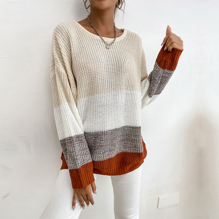 Damen Grobstrick-Colorblock-Pullover, Oversize mit Rundhalsausschnitt und verlängerten Ärmelbündchen Echoarchiv