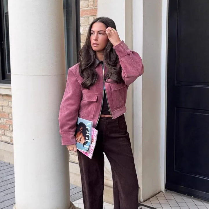 Damen Cordjacke mit Reißverschluss, Kunstlederkragen und aufgesetzten Taschen Echo Archiv