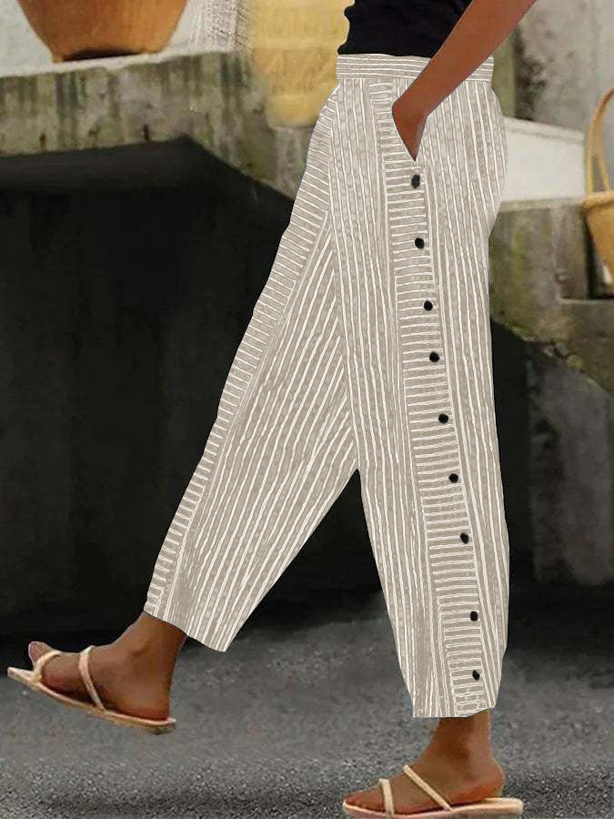 Damenweite Culotte-Hosen mit Paperbag-Taille, Knopfleiste und Seitentaschen – Avélisse