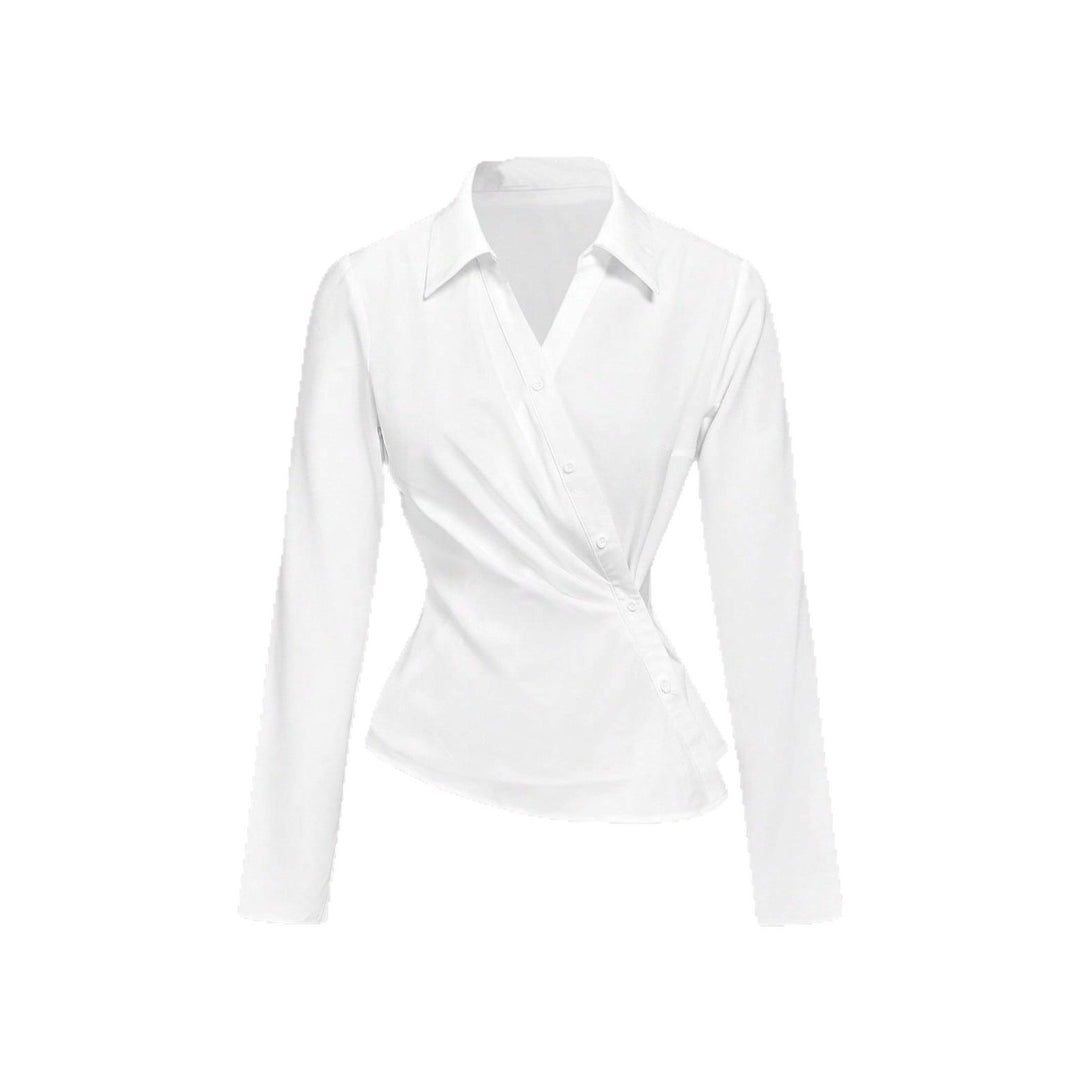 Damen Wickelbluse mit taillierter Drapierung und asymmetrischer Knopfleiste – Avérine