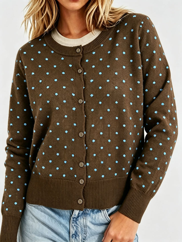 Damen Gepunktete Feinstrick-Cardigan mit Rundhals und Rippbündchen – Veloura