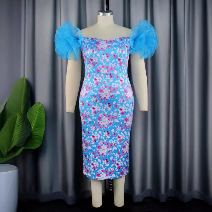 Damen Elegantes Kleid mit floralen Applikationen und transparenten Puffärmeln Echo Archiv