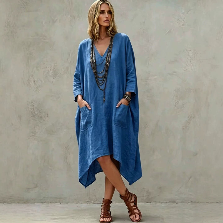 Damen nan Oversize Kaftankleid mit V-Ausschnitt, Eingrifftaschen und asymmetrischem Saum Echo Archiv
